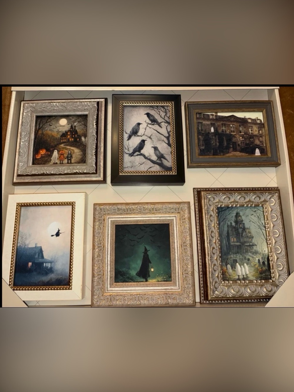 Petal Lane 6 Halloween Framed Art Witches, Crows, Ghost, Trick or Treat All NEW